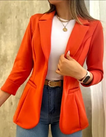 Women's Solid Color Minimalist Long Sleeve Blazer Collar Coat