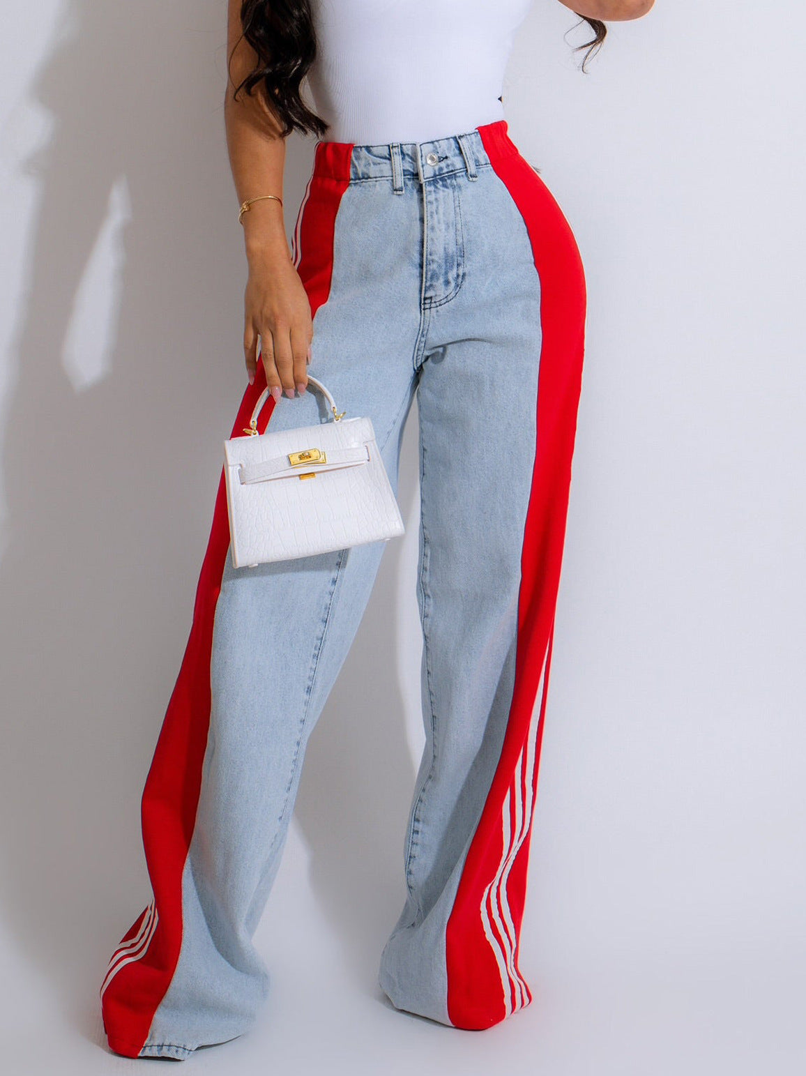 Three-Stripe Patchwork Wide-Leg Jeans