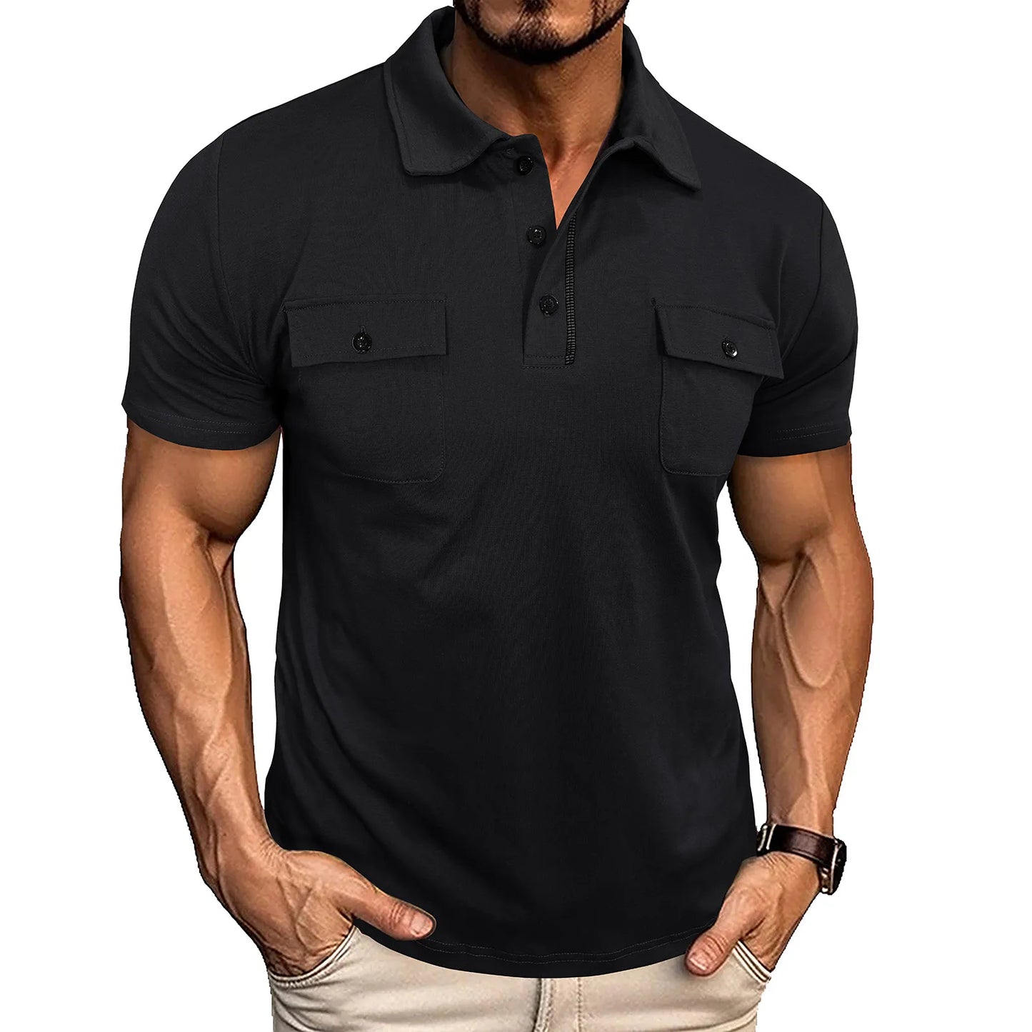 Men’s Summer Polo Shirt with Pockets – Lapel Button Short Sleeve Outdoor Top