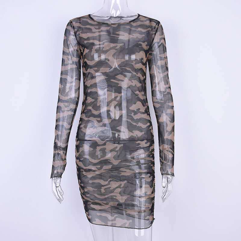 Sheer Mesh Camo Bodycon Dress