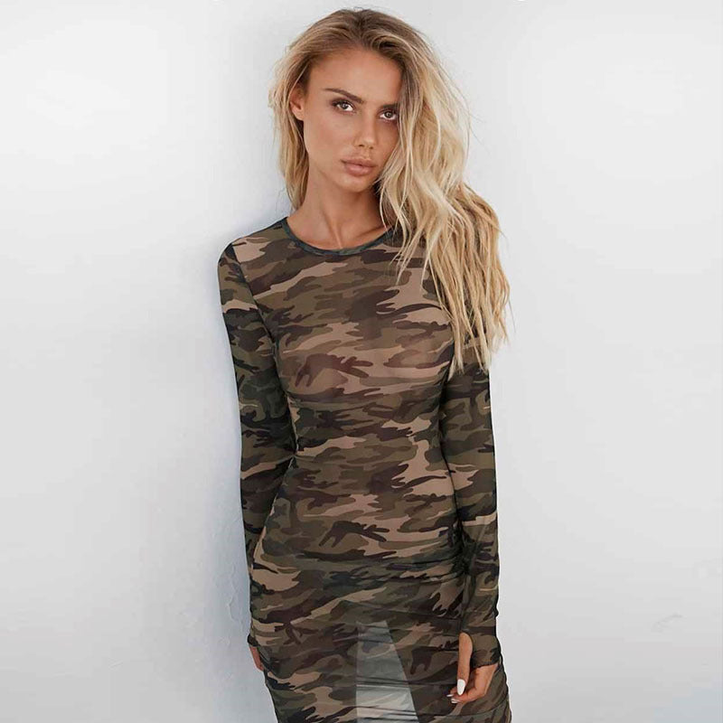 Sheer Mesh Camo Bodycon Dress