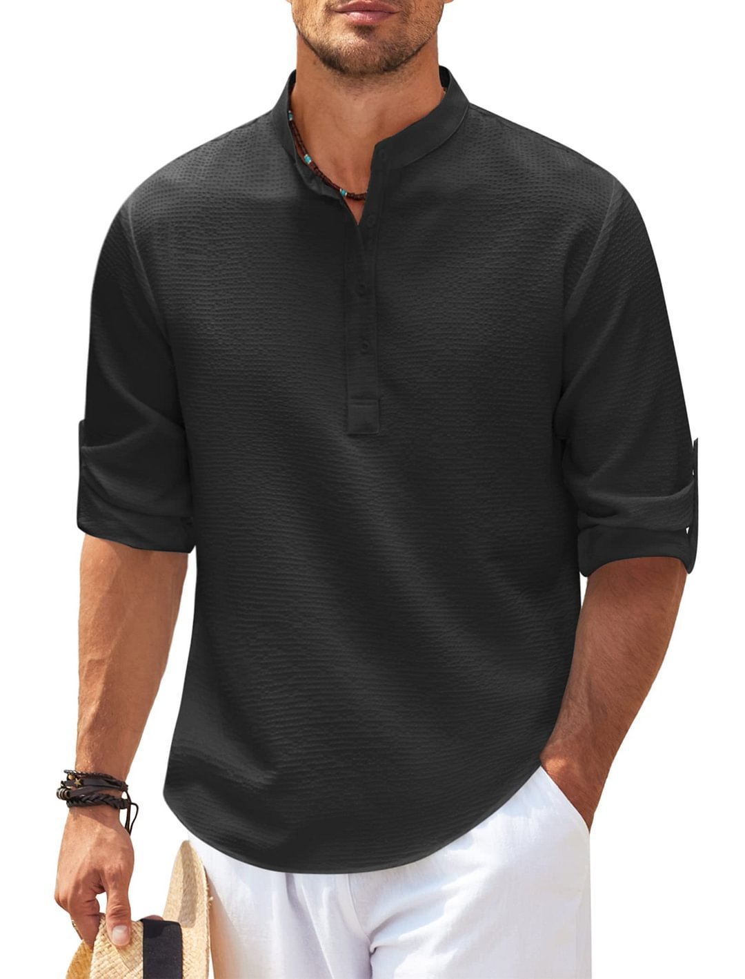 Men's Casual Long Sleeve Stand Collar Shirt