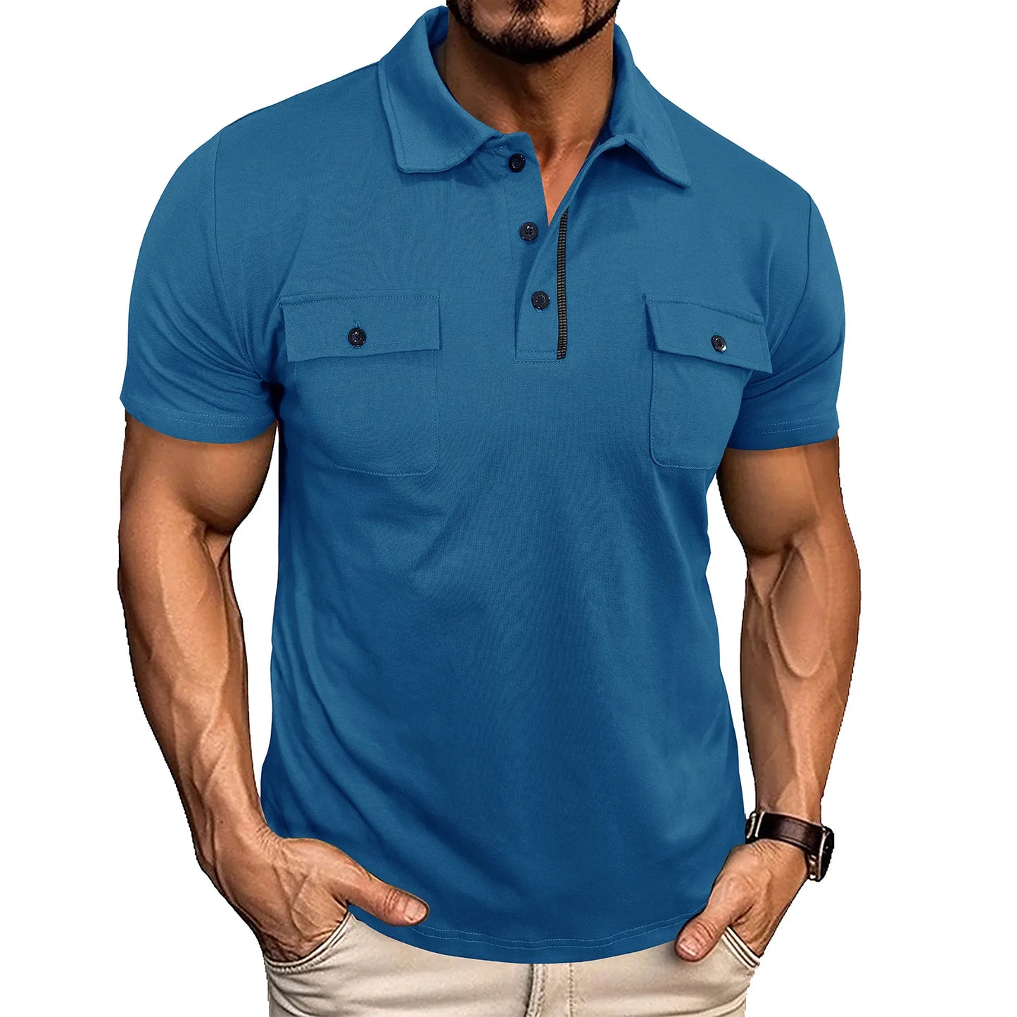 Men’s Summer Polo Shirt with Pockets – Lapel Button Short Sleeve Outdoor Top