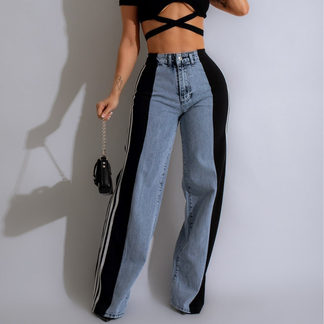 Three-Stripe Patchwork Wide-Leg Jeans