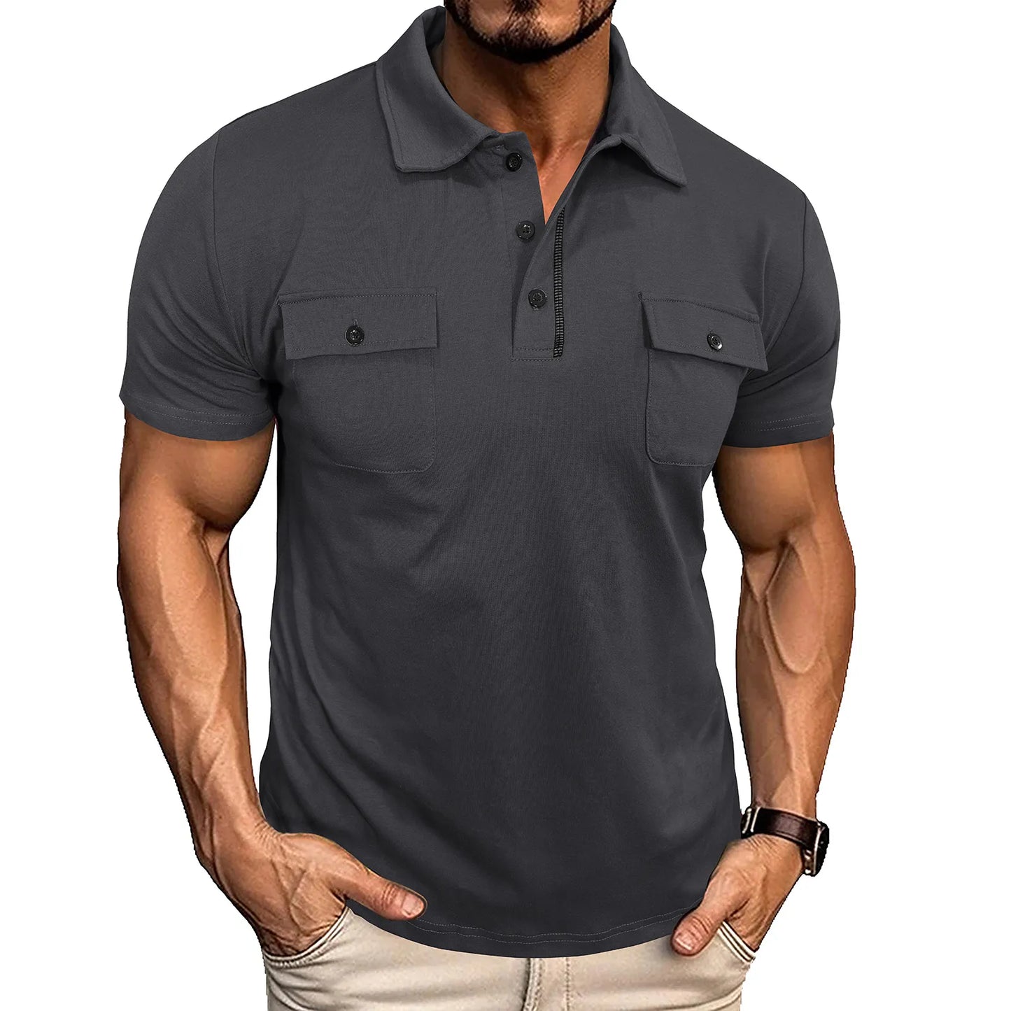 Men’s Summer Polo Shirt with Pockets – Lapel Button Short Sleeve Outdoor Top