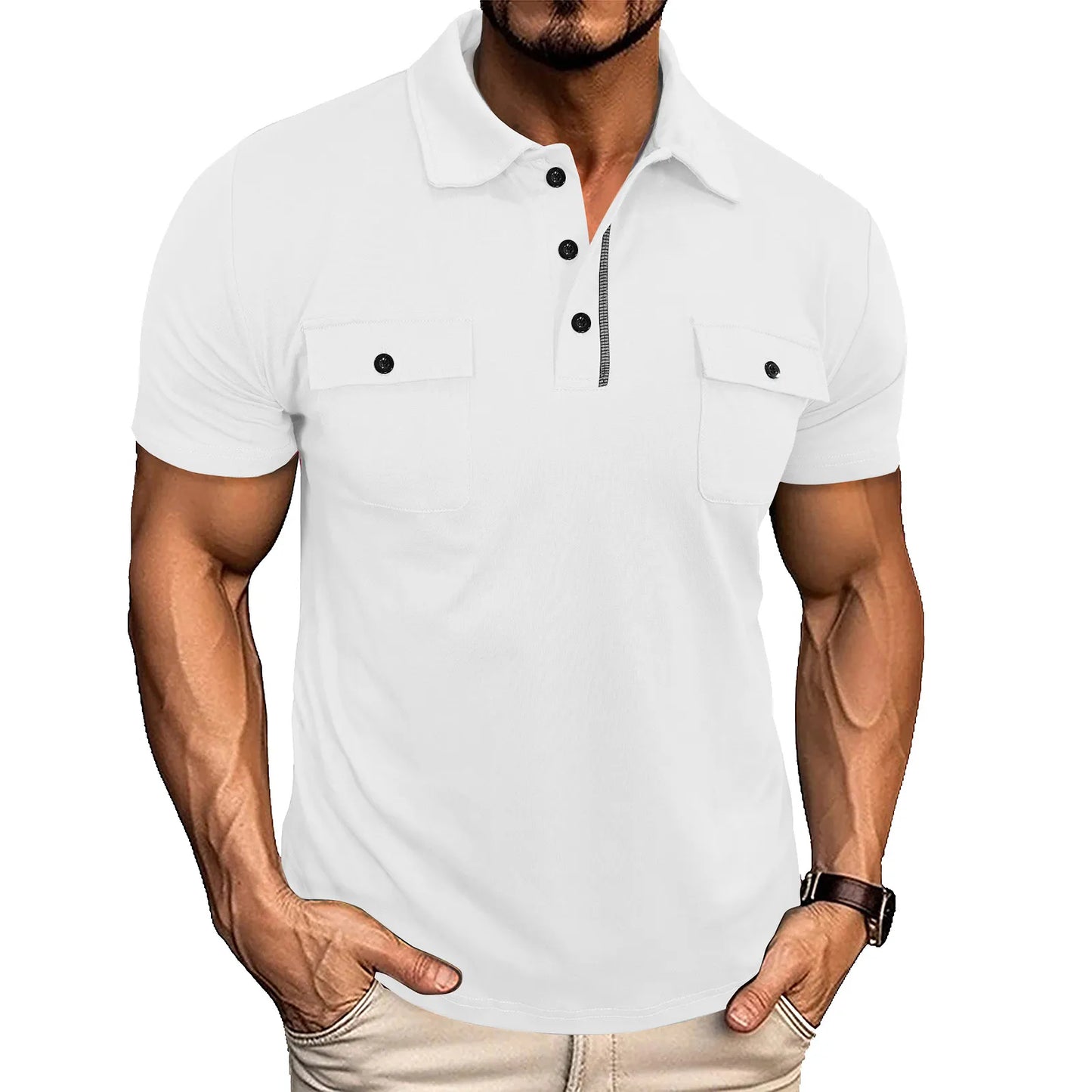 Men’s Summer Polo Shirt with Pockets – Lapel Button Short Sleeve Outdoor Top