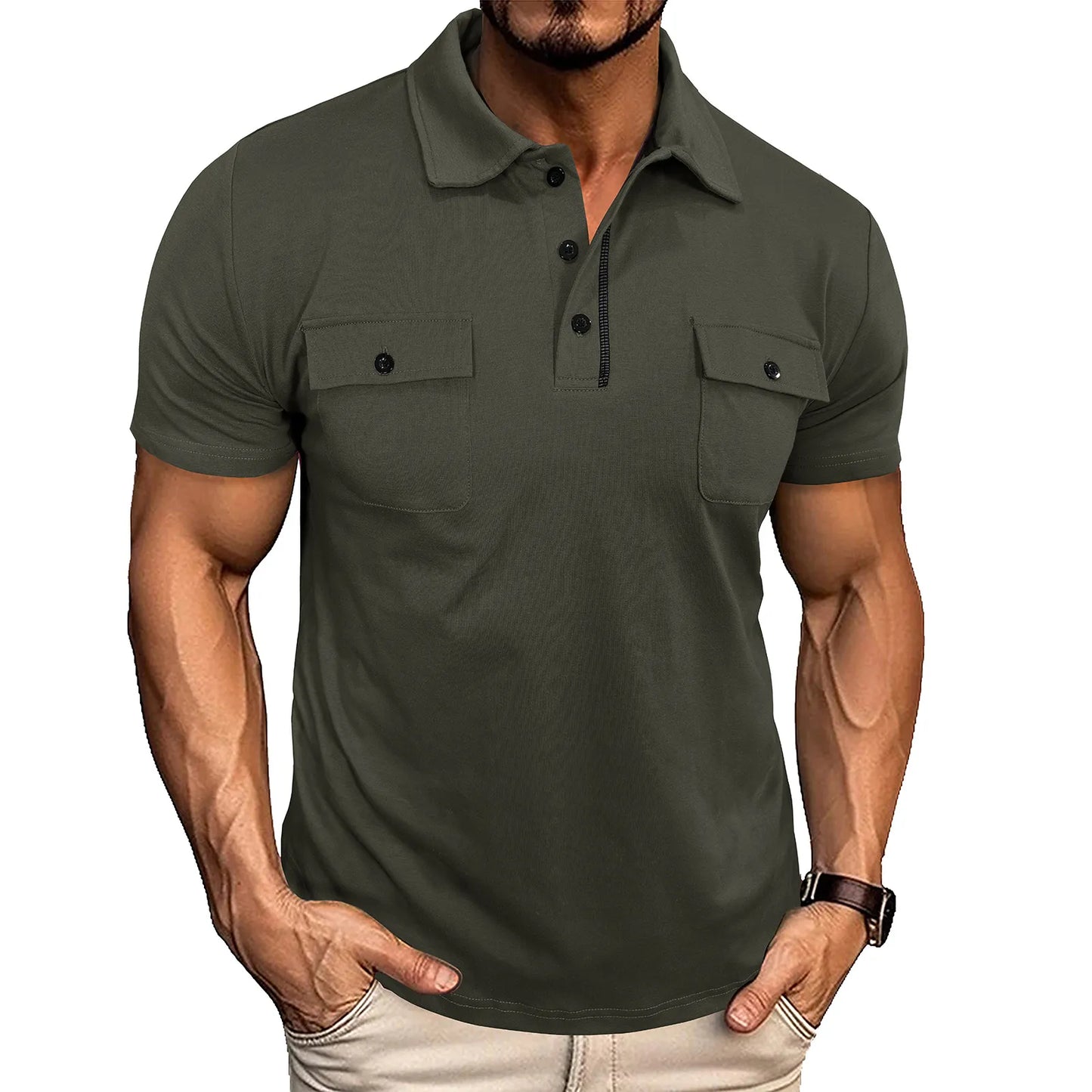Men’s Summer Polo Shirt with Pockets – Lapel Button Short Sleeve Outdoor Top