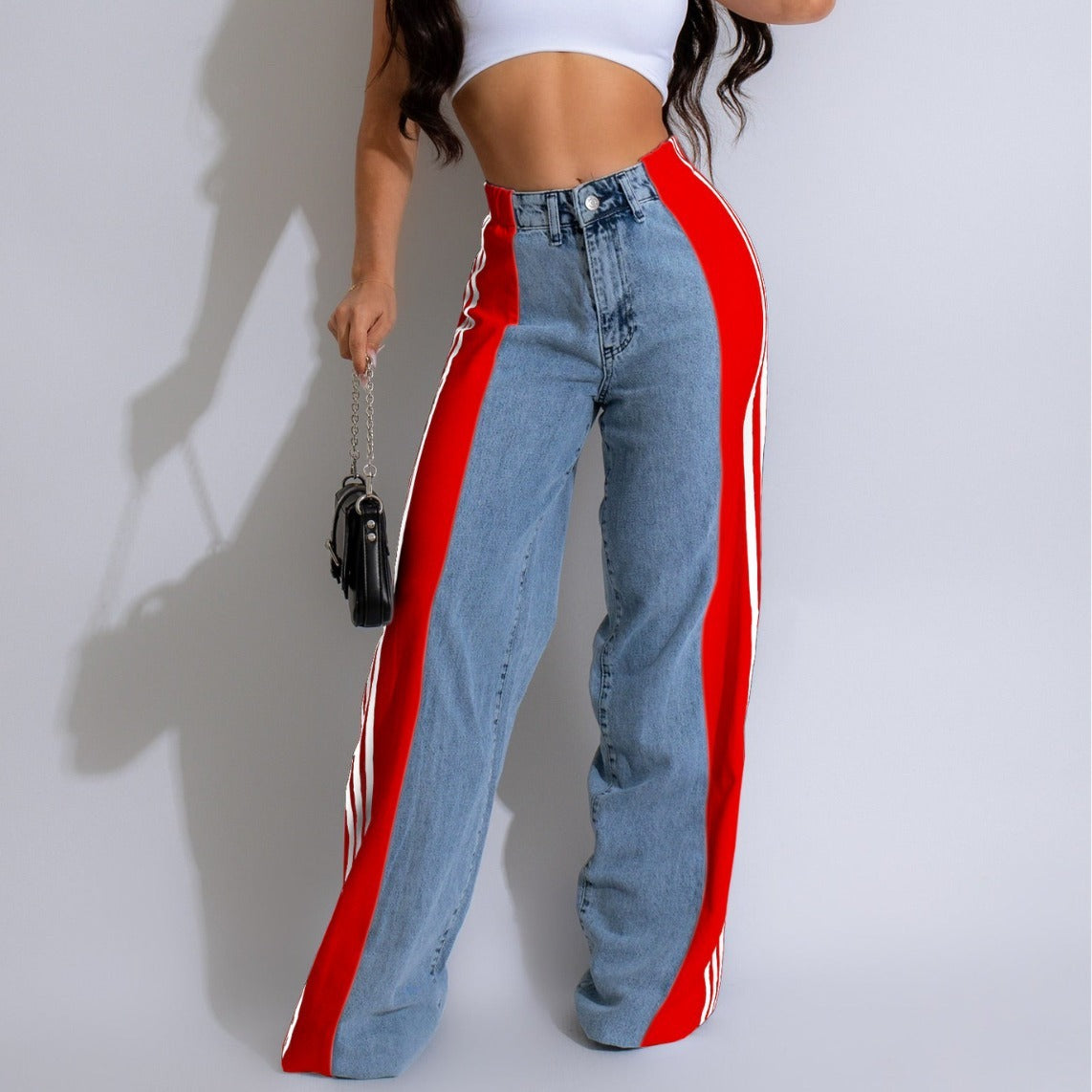 Three-Stripe Patchwork Wide-Leg Jeans