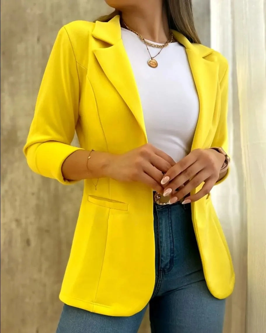 Women's Solid Color Minimalist Long Sleeve Blazer Collar Coat