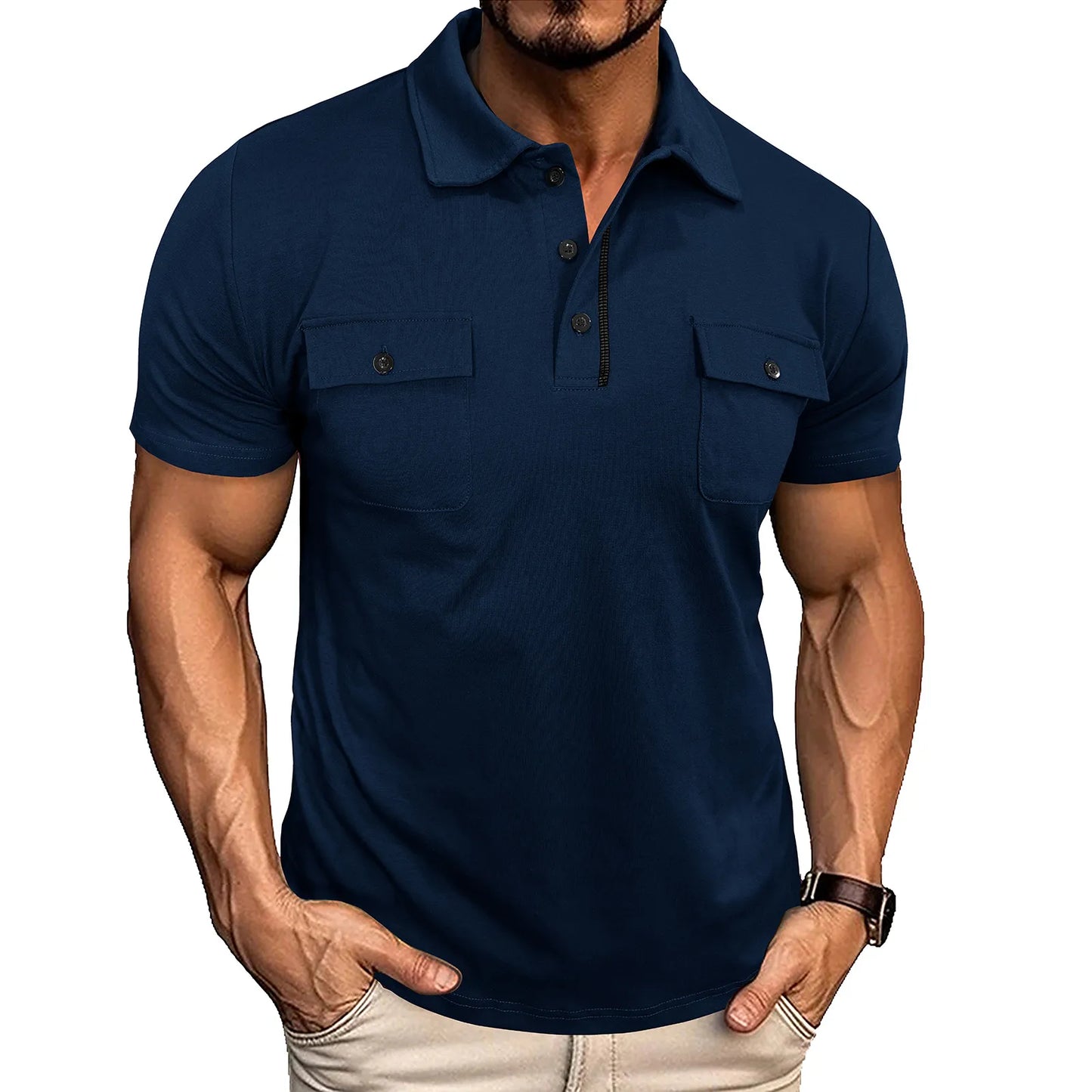 Men’s Summer Polo Shirt with Pockets – Lapel Button Short Sleeve Outdoor Top