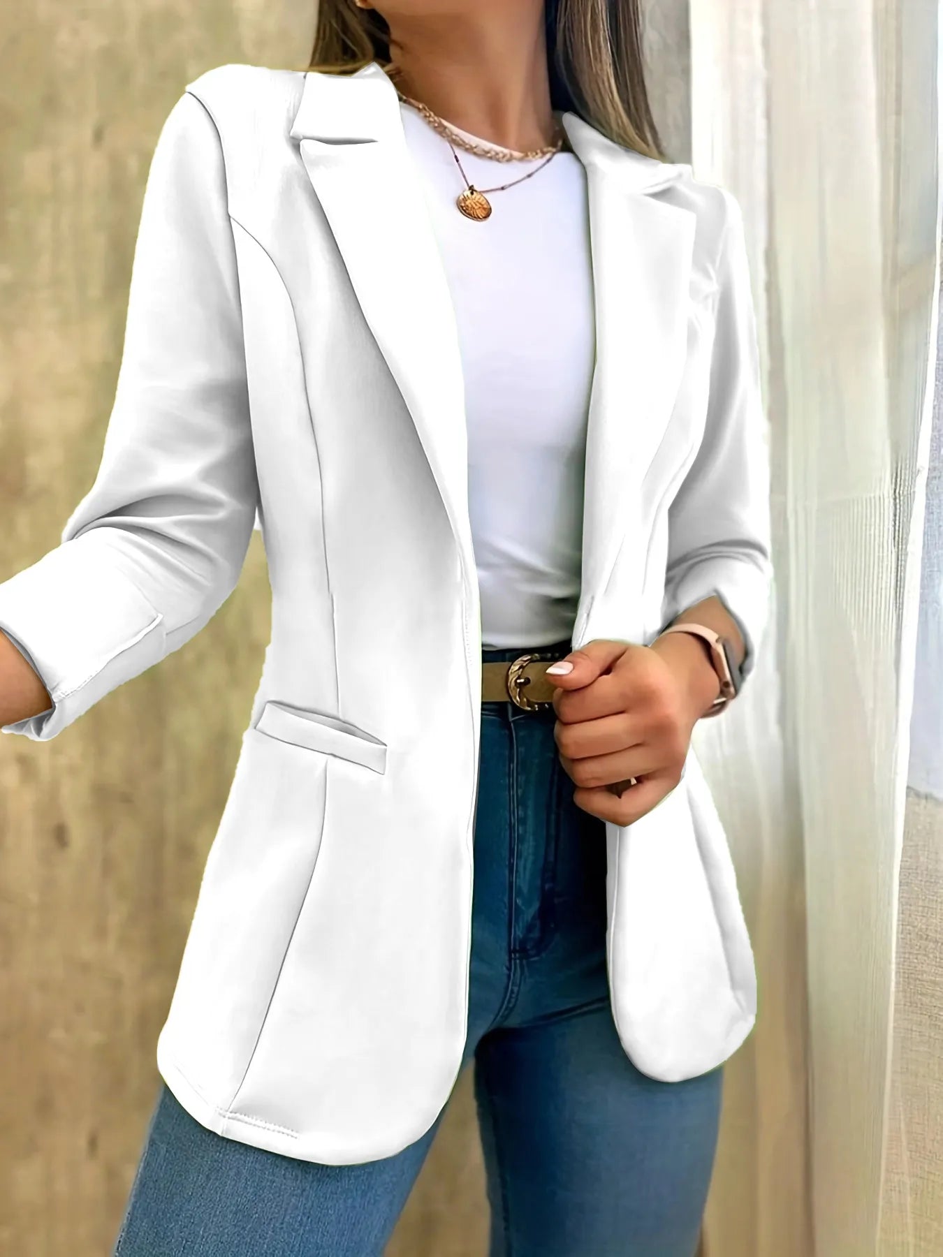 Women's Solid Color Minimalist Long Sleeve Blazer Collar Coat