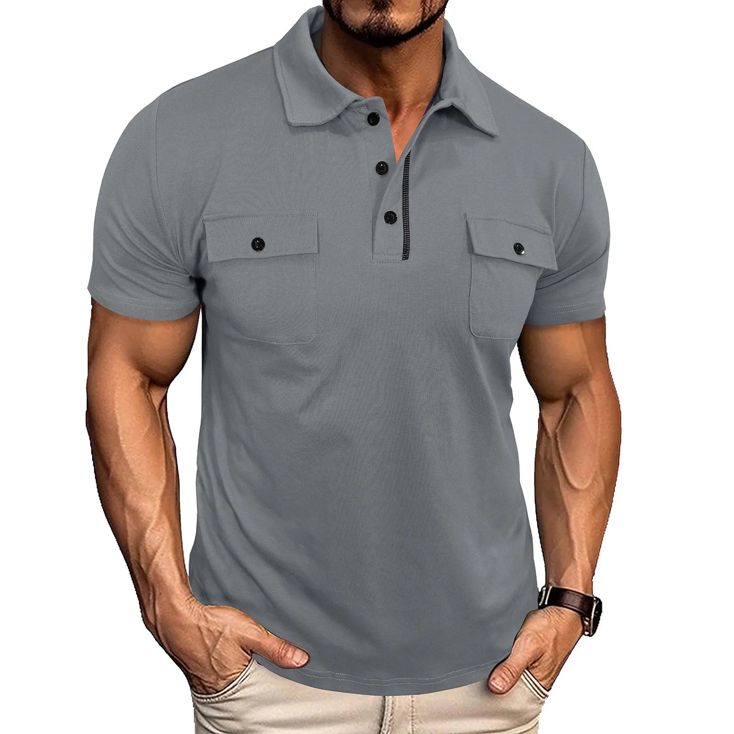 Men’s Summer Polo Shirt with Pockets – Lapel Button Short Sleeve Outdoor Top