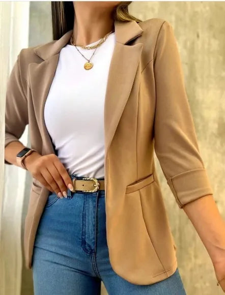Women's Solid Color Minimalist Long Sleeve Blazer Collar Coat