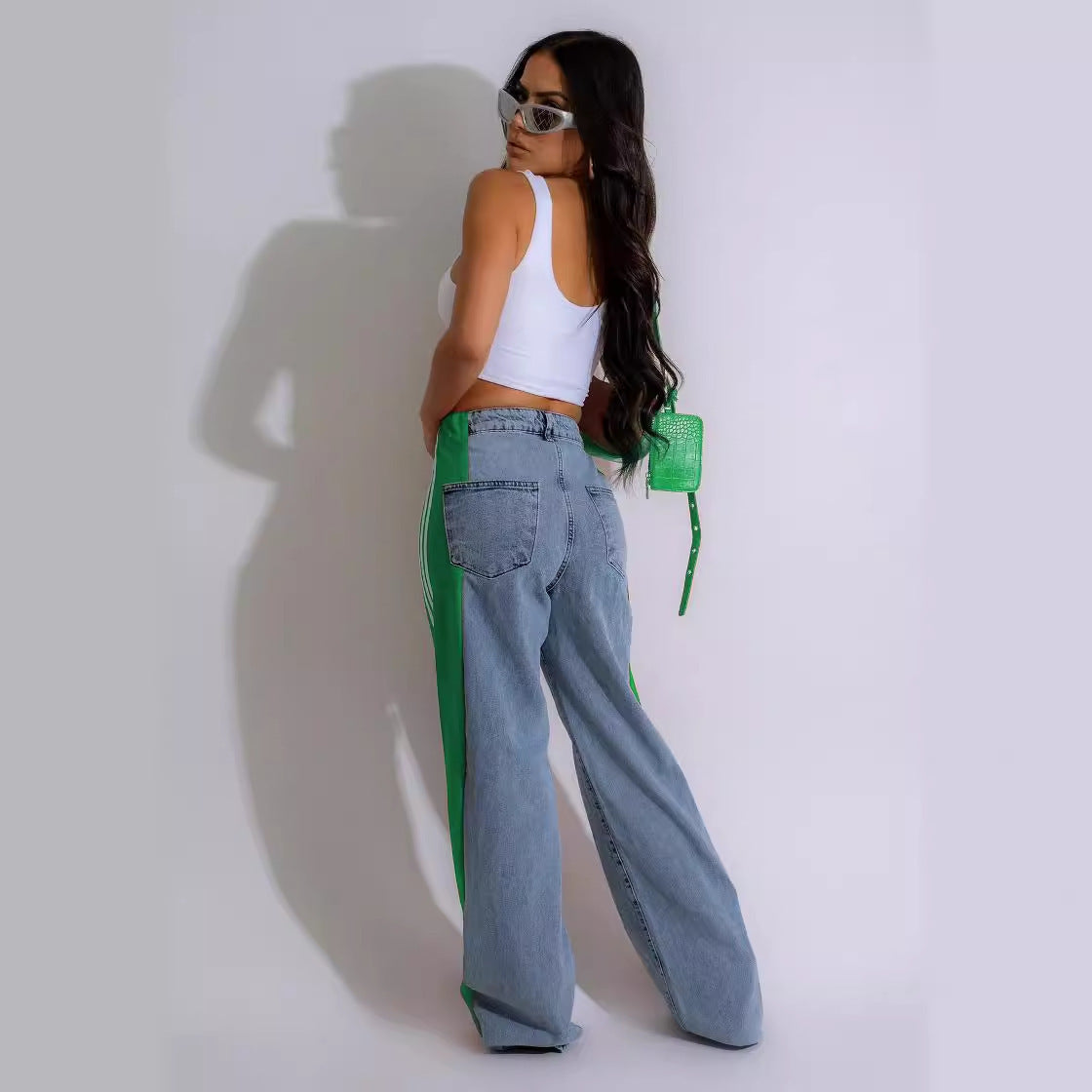 Three-Stripe Patchwork Wide-Leg Jeans