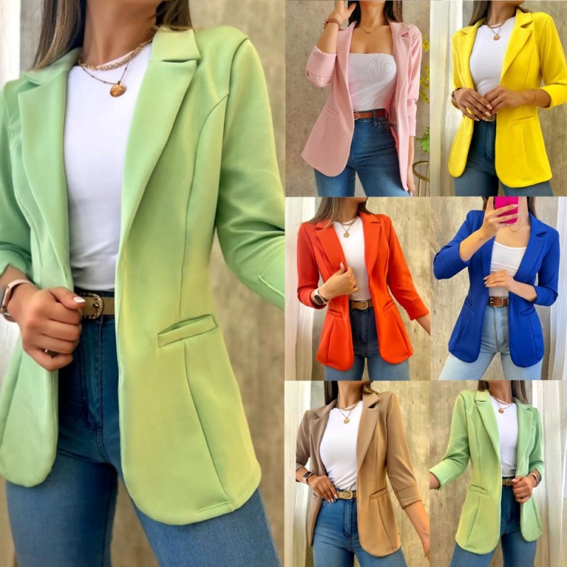 Women's Solid Color Minimalist Long Sleeve Blazer Collar Coat
