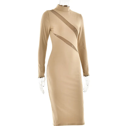Women's Round Neck Long Sleeve Stitching Dress – Elegant & Modern Design