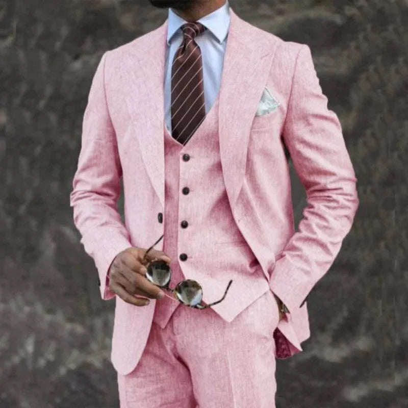 Men’s Pink Three-Piece Suit – European & American Business Casual Blazer Set