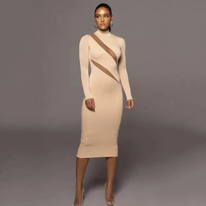 Women's Round Neck Long Sleeve Stitching Dress – Elegant & Modern Design