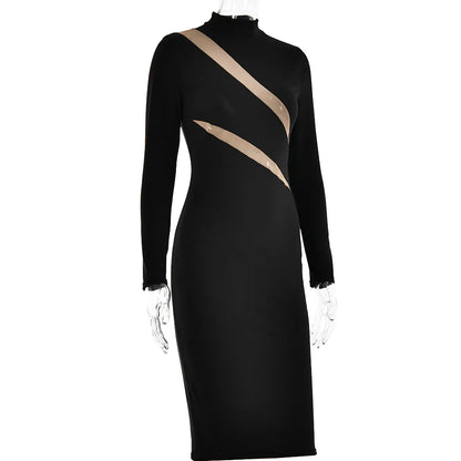 Women's Round Neck Long Sleeve Stitching Dress – Elegant & Modern Design