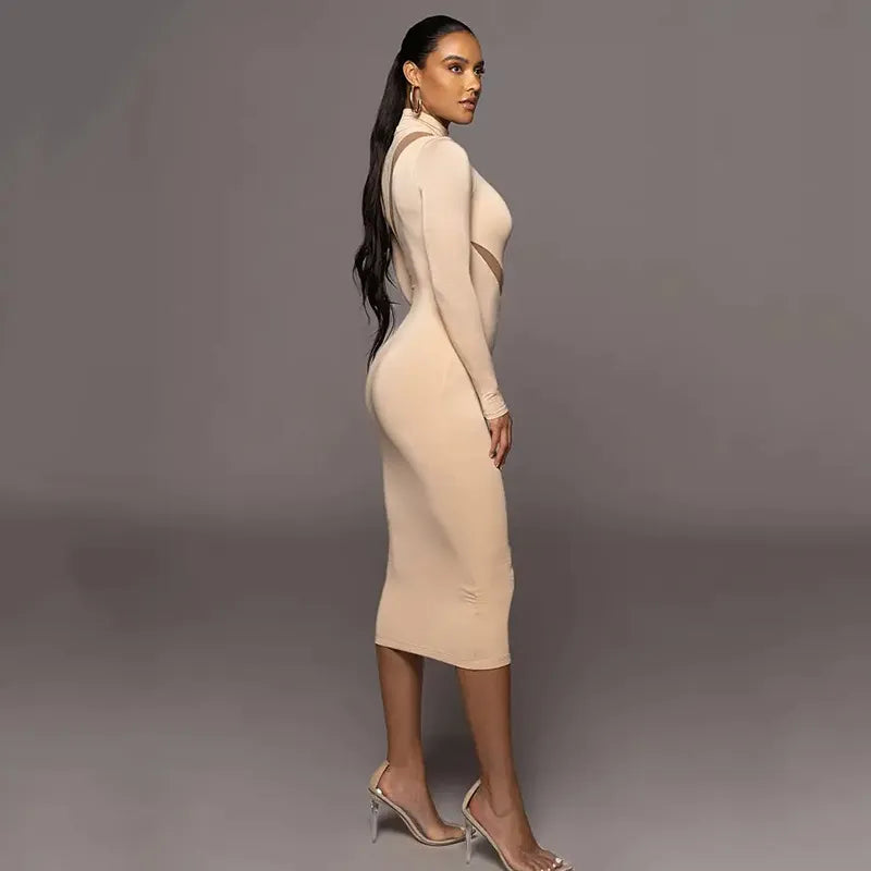 Women's Round Neck Long Sleeve Stitching Dress – Elegant & Modern Design