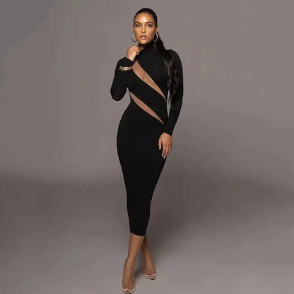 Women's Round Neck Long Sleeve Stitching Dress – Elegant & Modern Design