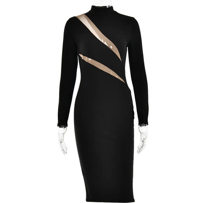 Women's Round Neck Long Sleeve Stitching Dress – Elegant & Modern Design
