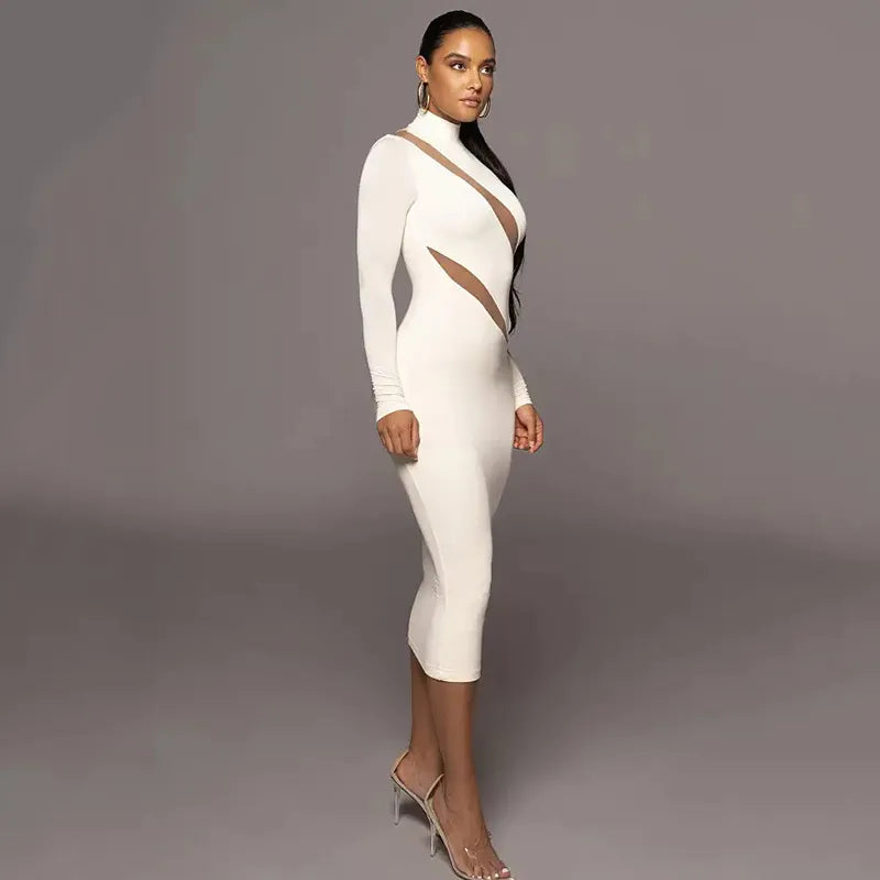 Women's Round Neck Long Sleeve Stitching Dress – Elegant & Modern Design